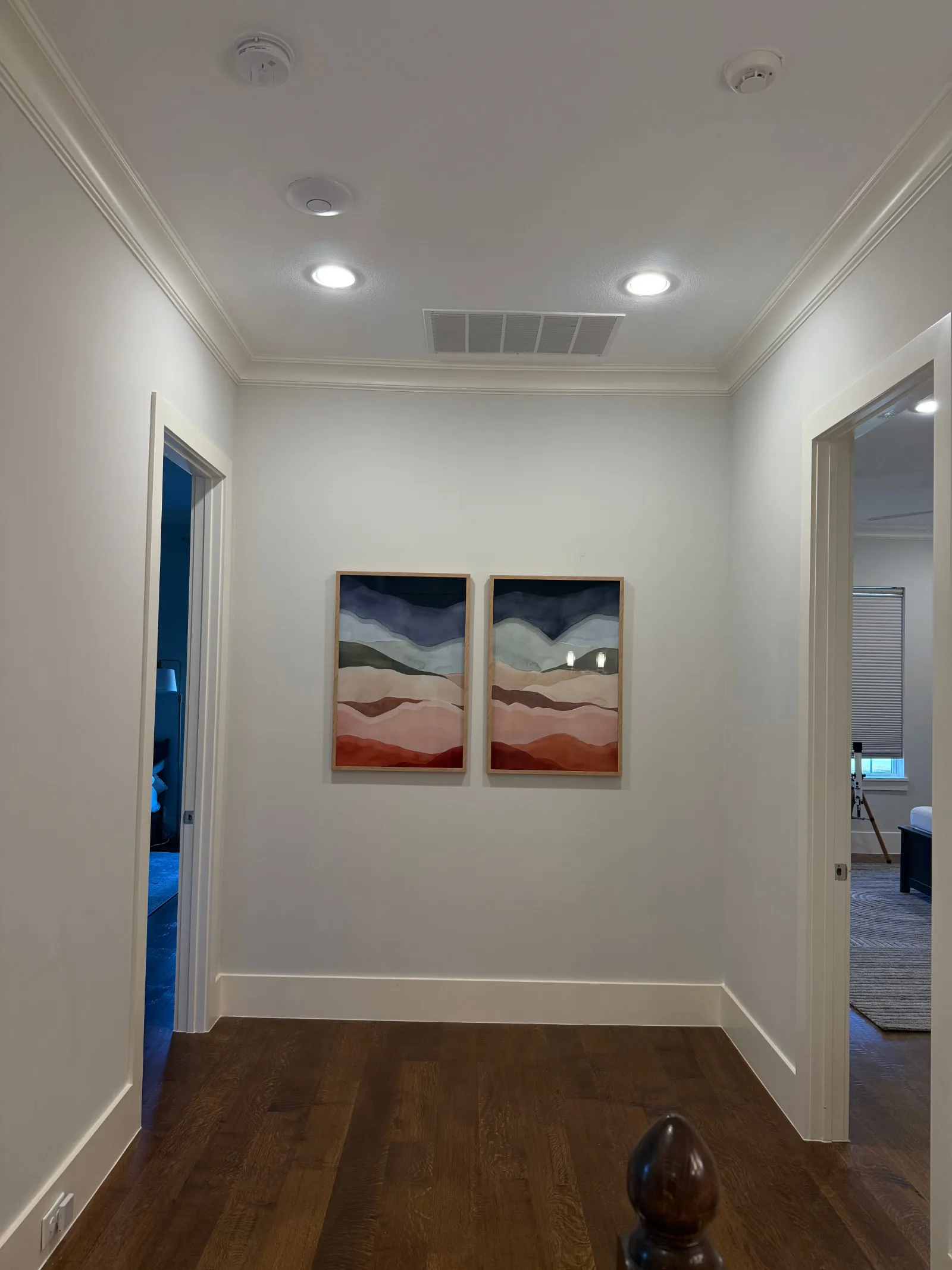 Hallway with white walls and trim, dark hardwood floors, recessed lighting, and two framed abstract artworks.