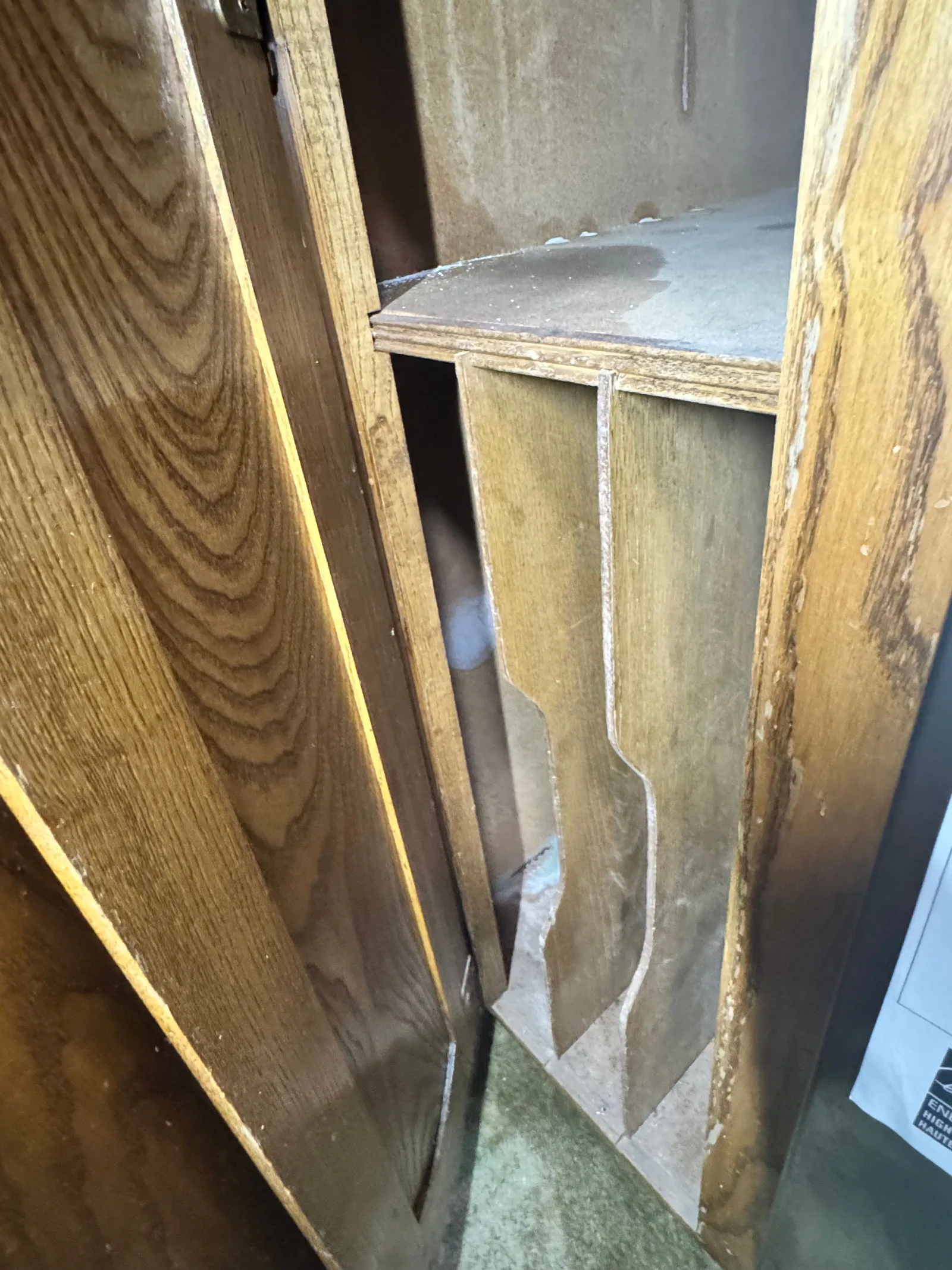 Interior view of a damaged wooden cabinet with shelves, showing water stains, mold, discoloration, and peeling laminate.