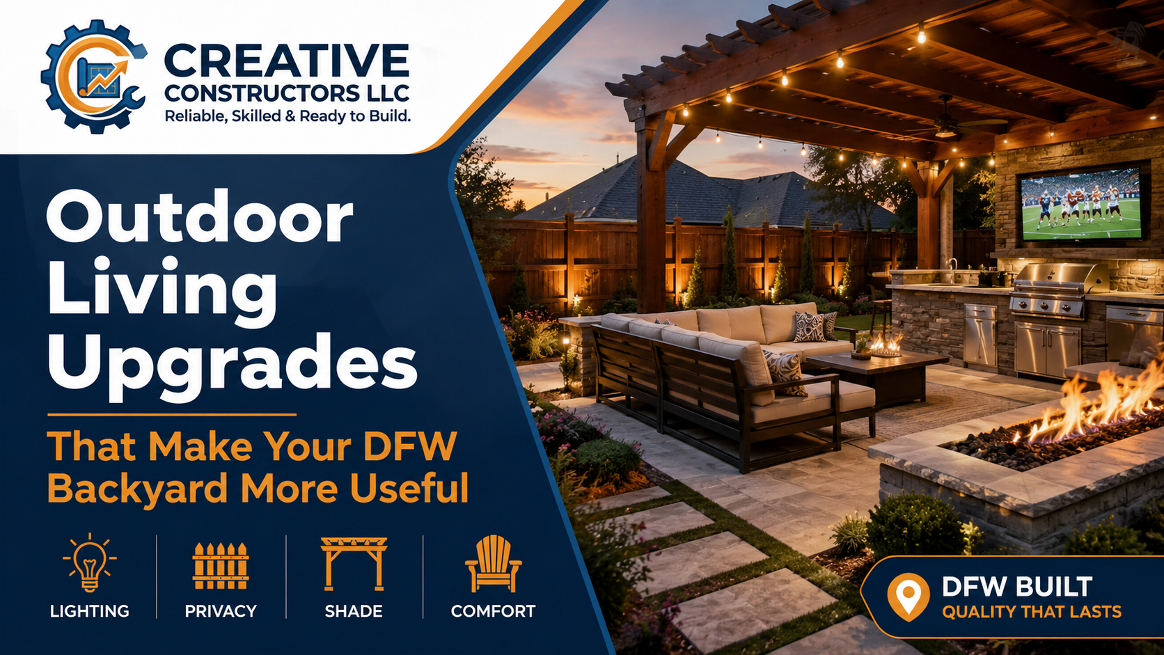 Creative Constructors outdoor living upgrade design showing a DFW backyard with patio lighting, privacy fence, pergola, and seating area.