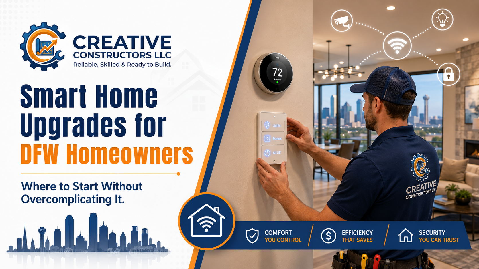 Creative Constructors technician setting up smart home controls in a DFW home with smart thermostat, lighting, and automation features.
