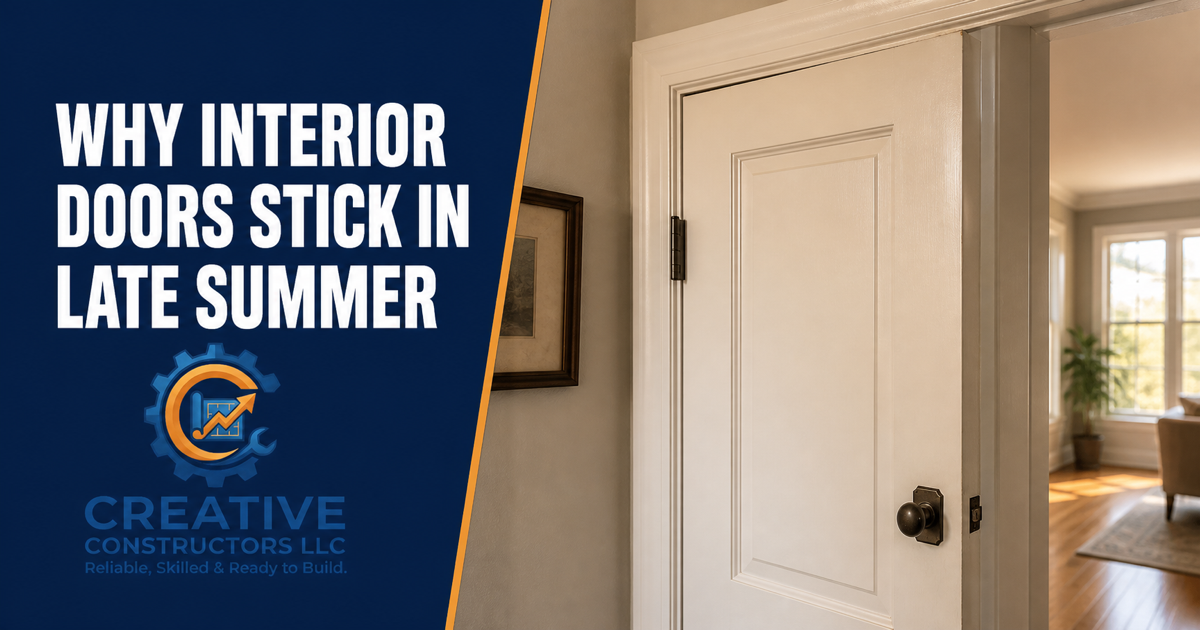 Creative Constructors graphic showing an interior door rubbing at the upper corner with a late-summer door-check headline.