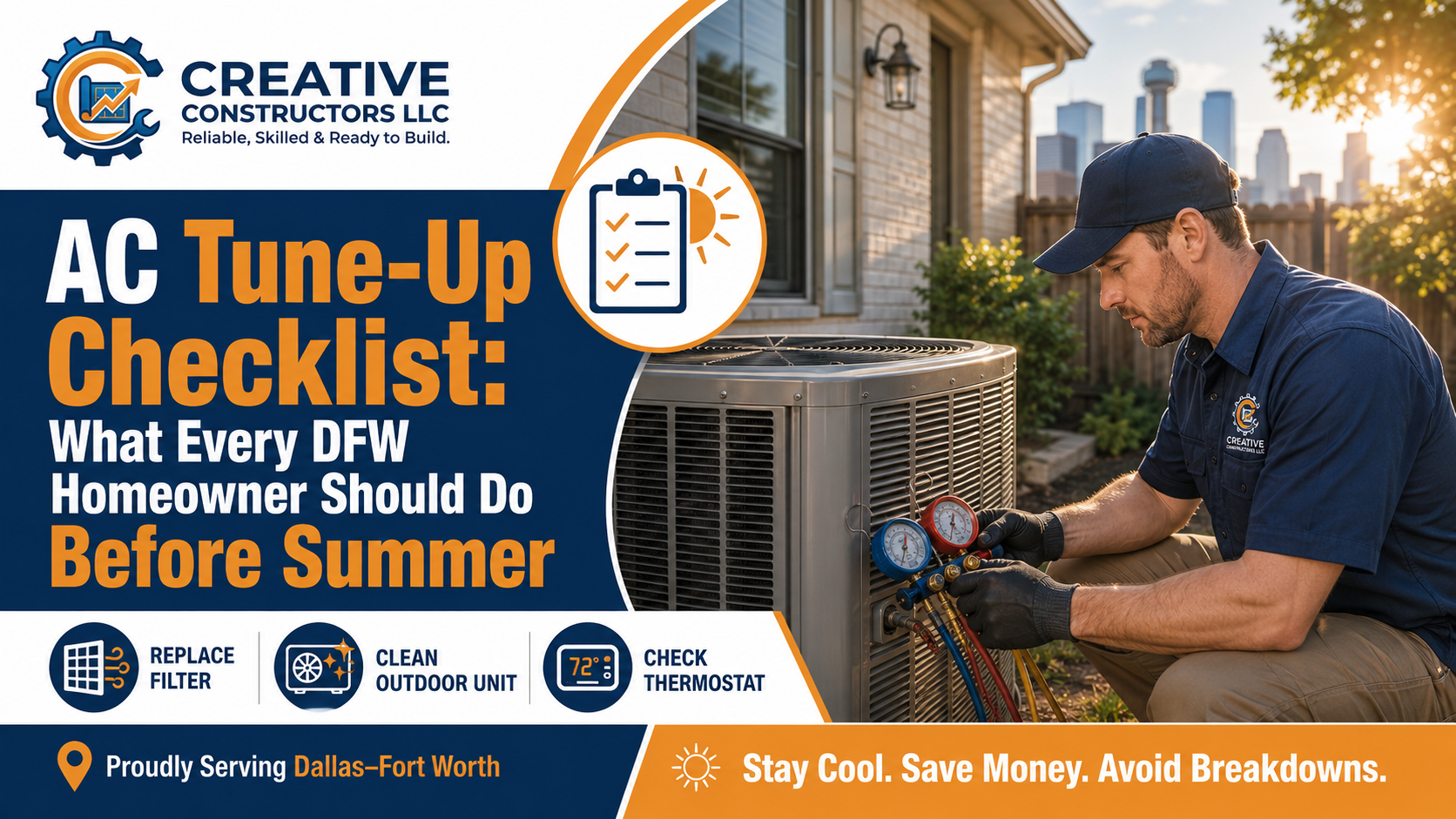 Creative Constructors HVAC technician performing an AC tune-up on a residential condenser unit in Dallas-Fort Worth before summer