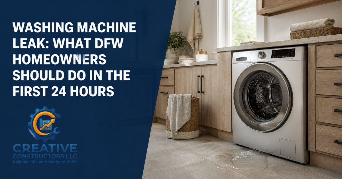 Creative Constructors graphic showing a washing machine leak in a modern laundry room with guidance for DFW homeowners.