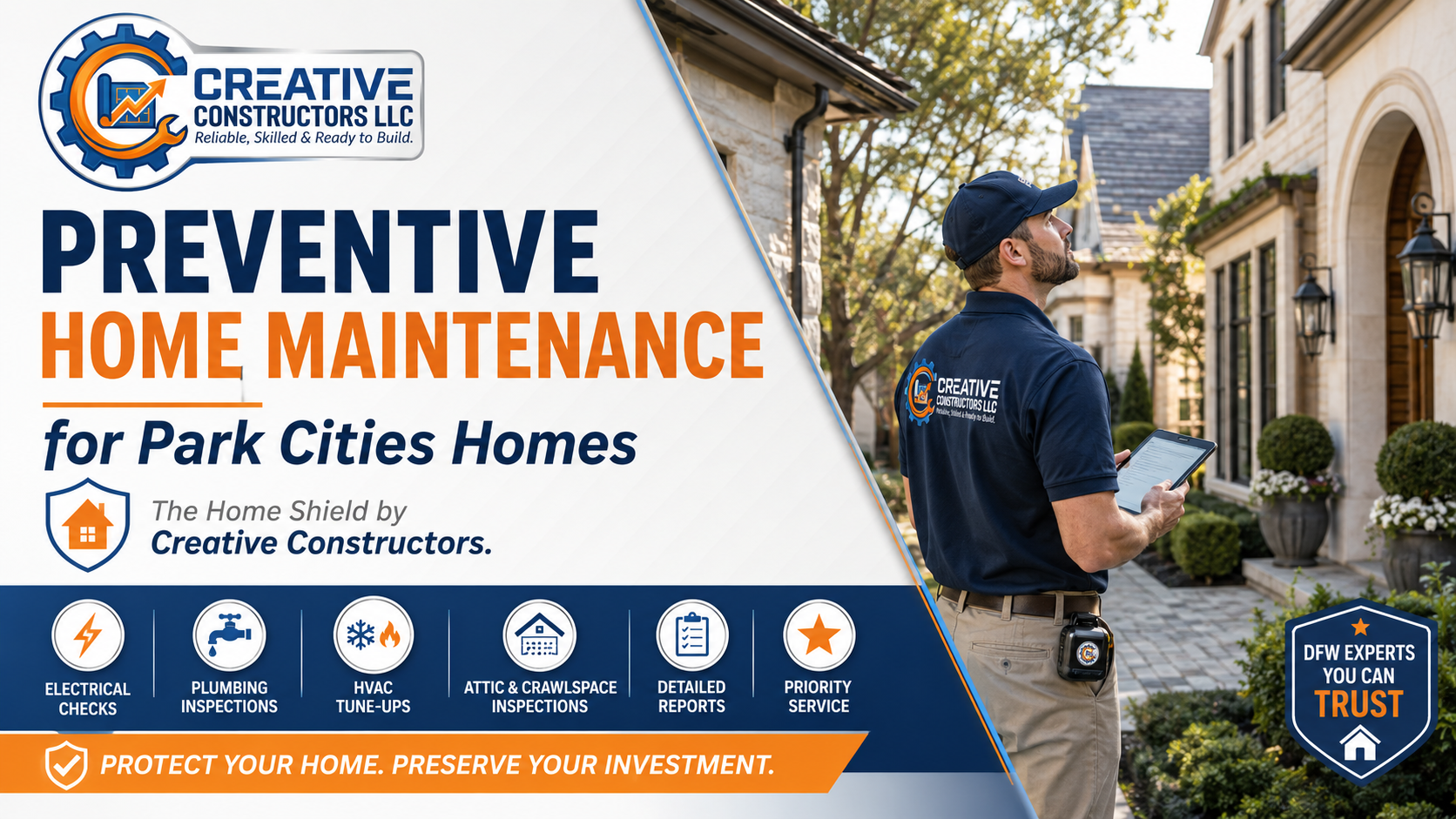 Creative Constructors technician performing a preventive home maintenance inspection for The Home Shield program at a Park Cities home.