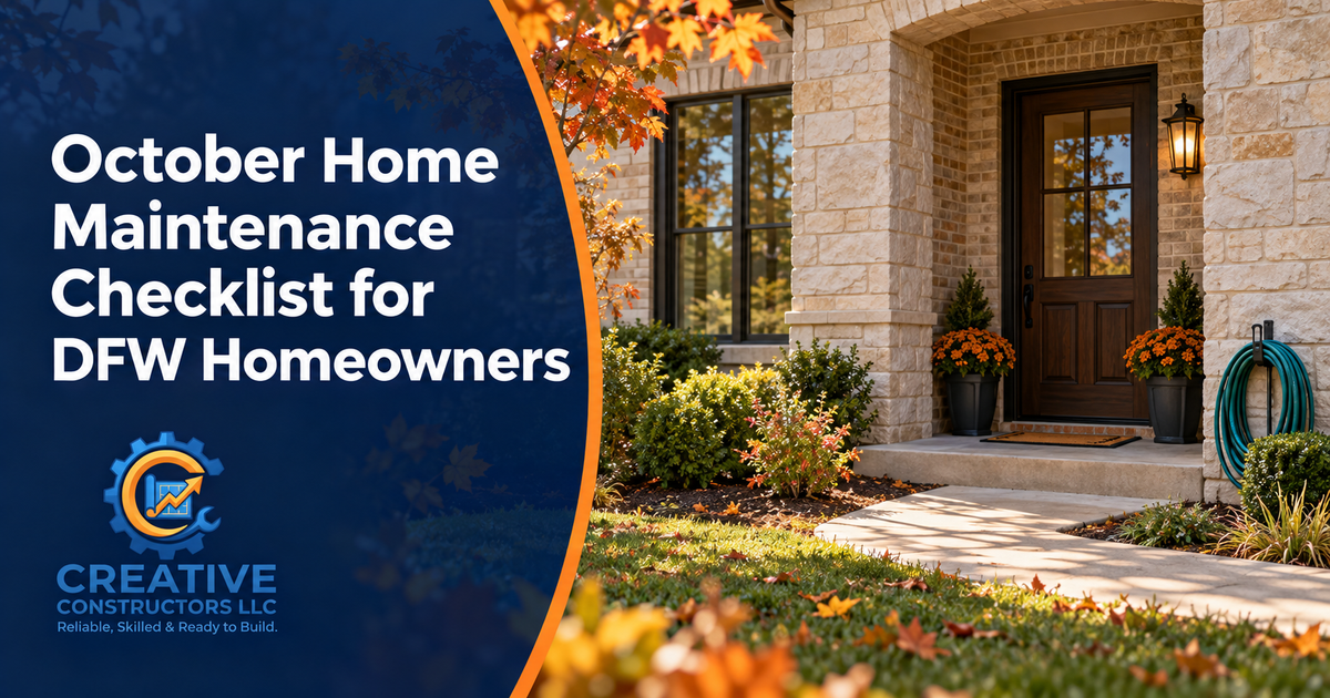 October home maintenance checklist beside a well-kept North Texas home entrance in fall.