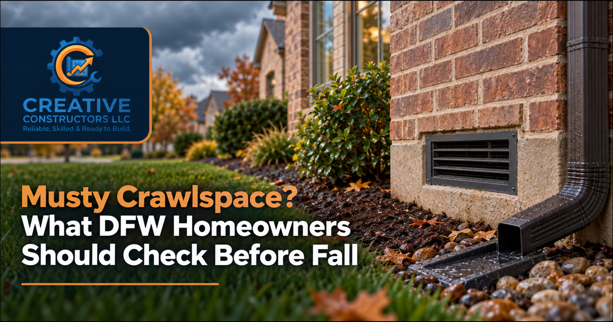 Illustration of a crawlspace vent and downspout beside a brick home, with the article title and Creative Constructors logo