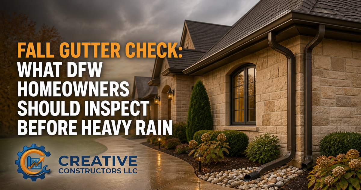 Creative Constructors fall gutter checklist graphic showing a clean gutter and downspout on a Dallas-area home before rain.